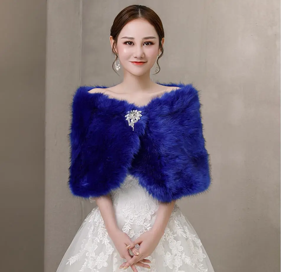 Stole Wedding Shawl - Blue Faux Fur Crystal Brooch Wedding