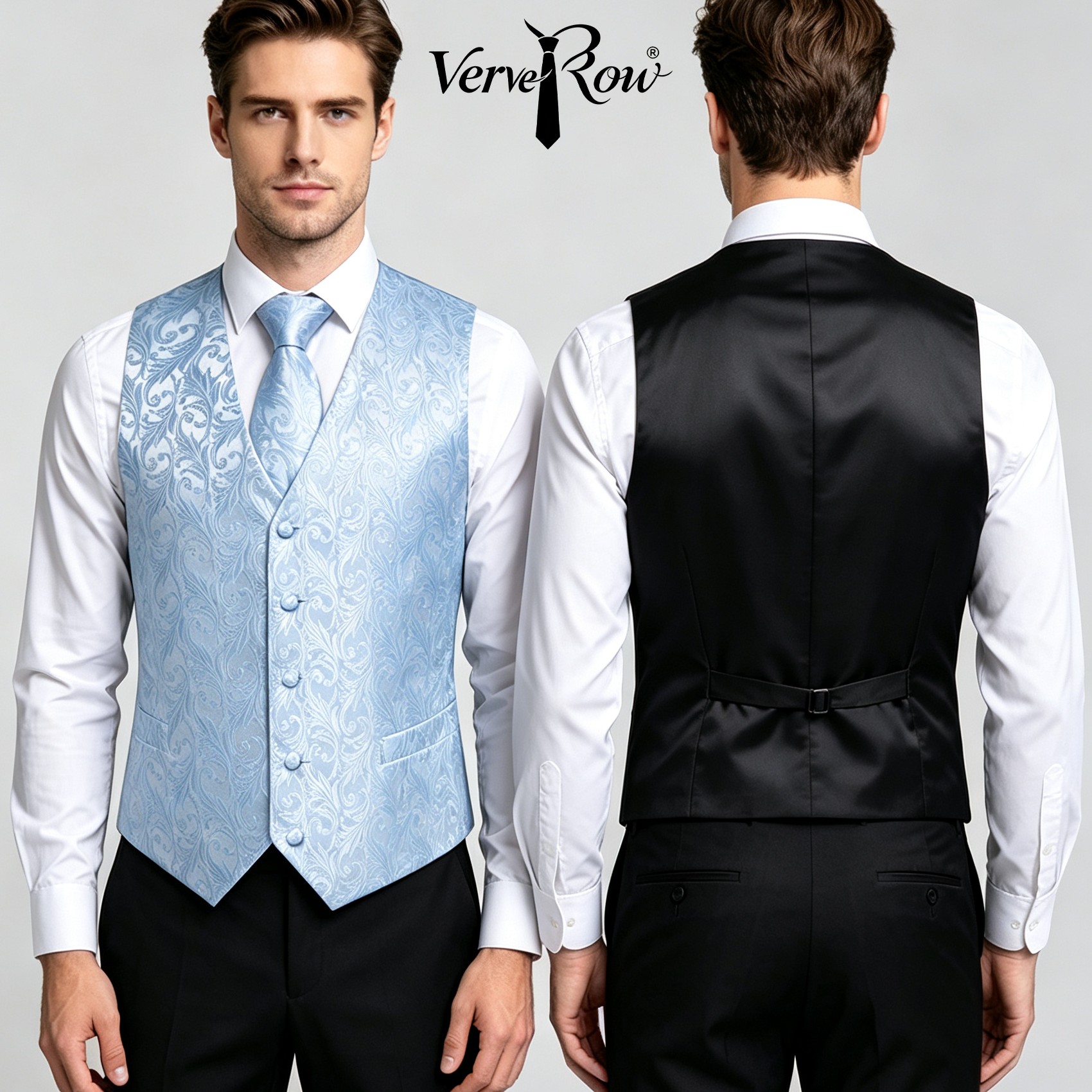 Pocket Square Set - Light Blue Jacquard Vest Tie Pocket
