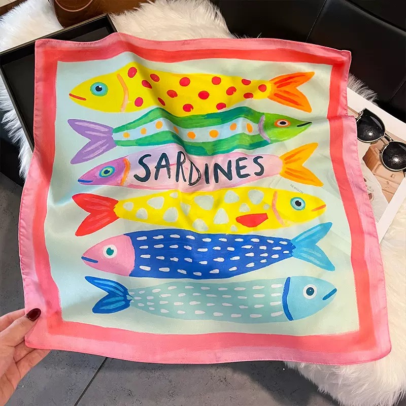 Scarf Silk Square - Fashion Fish Pattern Square Silk Head