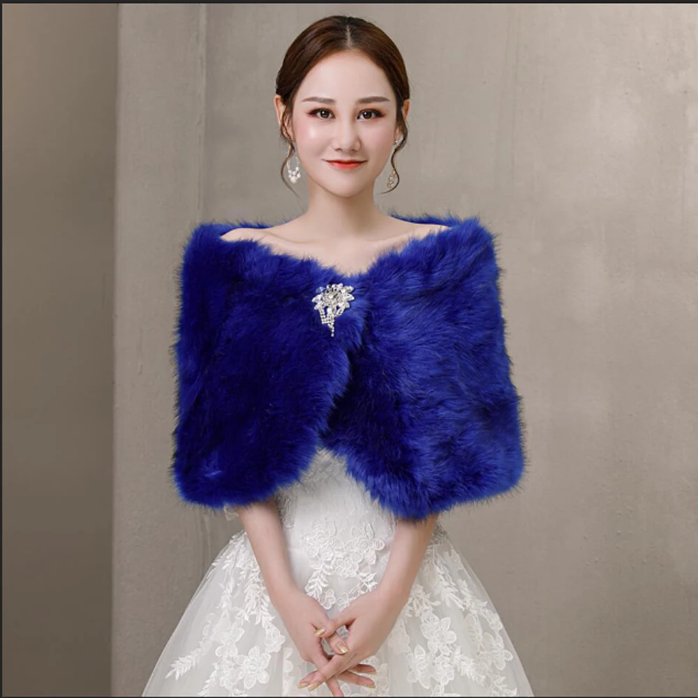 Blue Faux Fur Crystal Brooch W - Stole Wedding Shawl 评论和价格