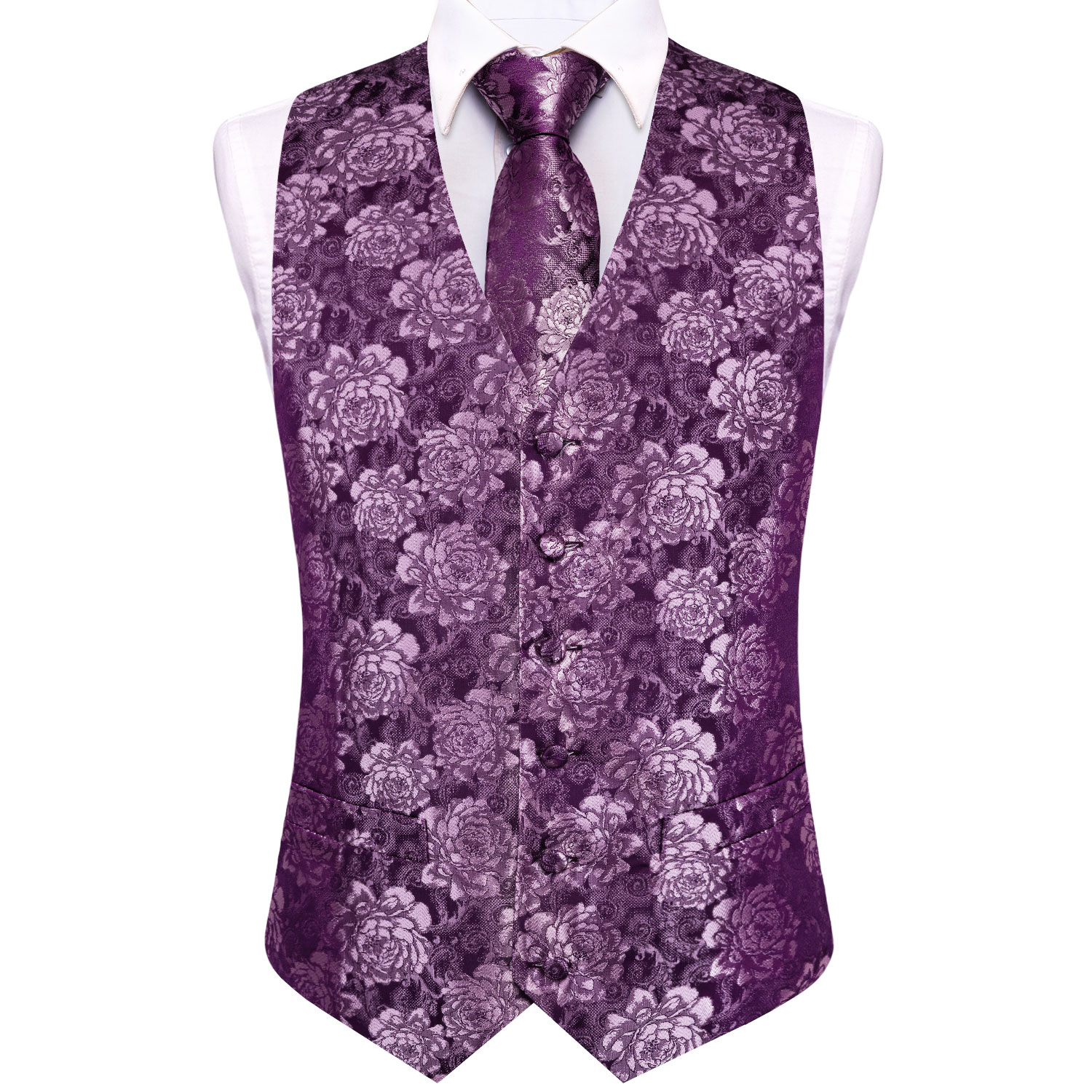 Purple Floral Rose Mens Waistc - Pocket Square Set 评论和价格