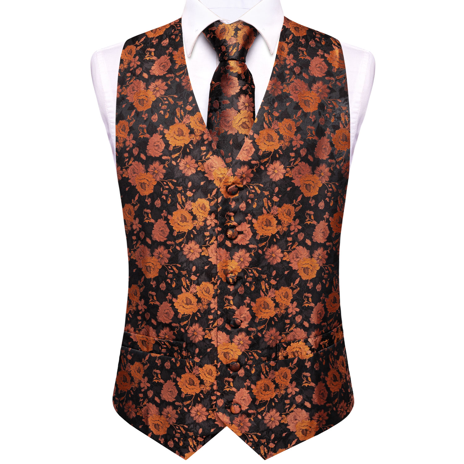 Black Brown Floral Mens Waistc - Pocket Square Set 评论和价格